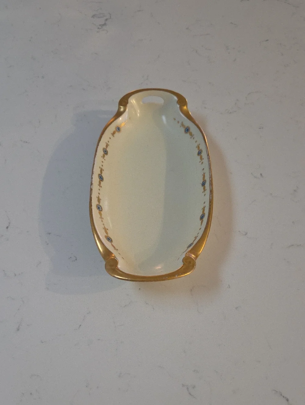 Nippon Hand Painted Cream Ceramic Serving Platter with Gold Trim and Blue Flower